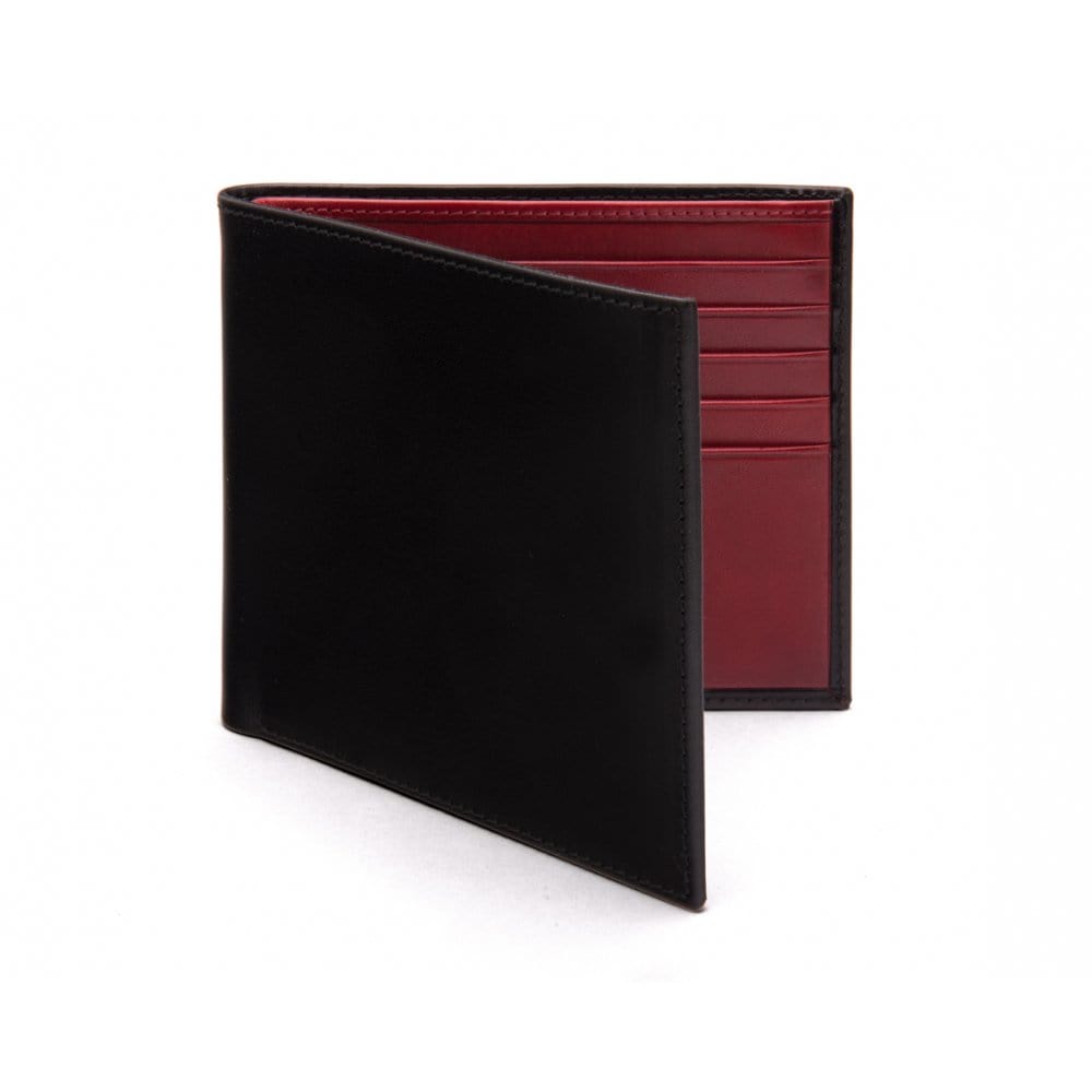 Men's leather billfold wallet, black with red, front