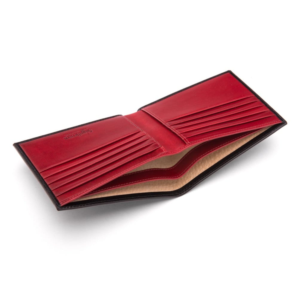 Men's leather billfold wallet, black with red, inside