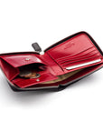 Men's leather zip wallet with coin purse, black with red, inside