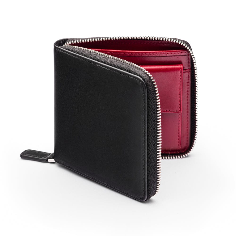 Men's leather zip wallet with coin purse, black with red, front view