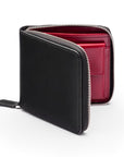 Men's leather zip wallet with coin purse, black with red, front view