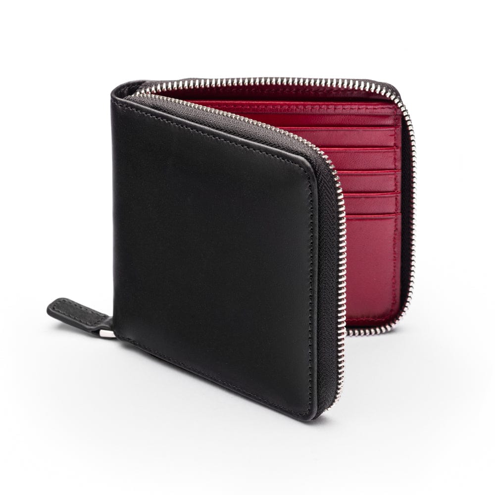 Men's leather wallet with zip around closure, black with red, front