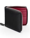 Men's leather wallet with zip around closure, black with red, front