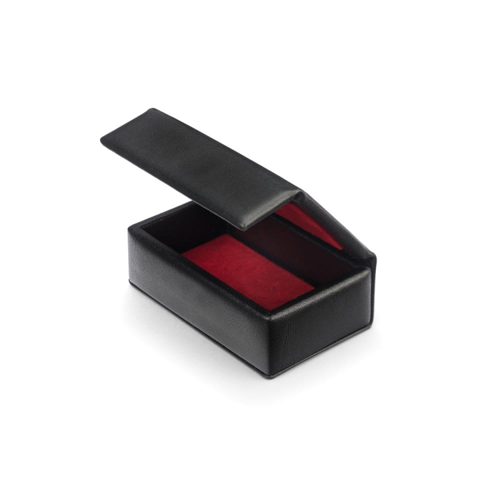 Mini leather accessory box, black with red, open