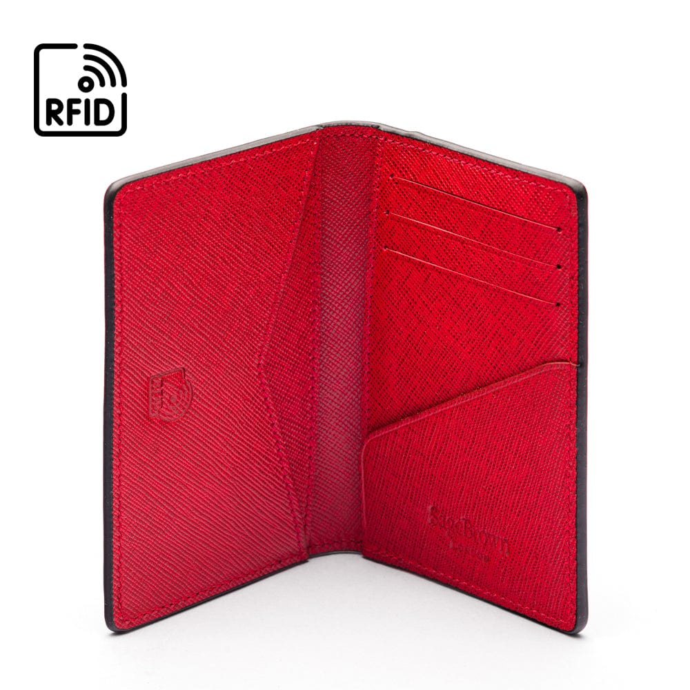 RFID bifold credit card holder, black with red saffiano, inside view