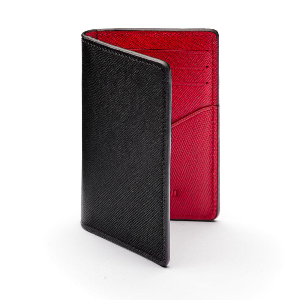 RFID bifold credit card holder, black with red saffiano, front view