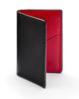 RFID bifold credit card holder, black with red saffiano, front view