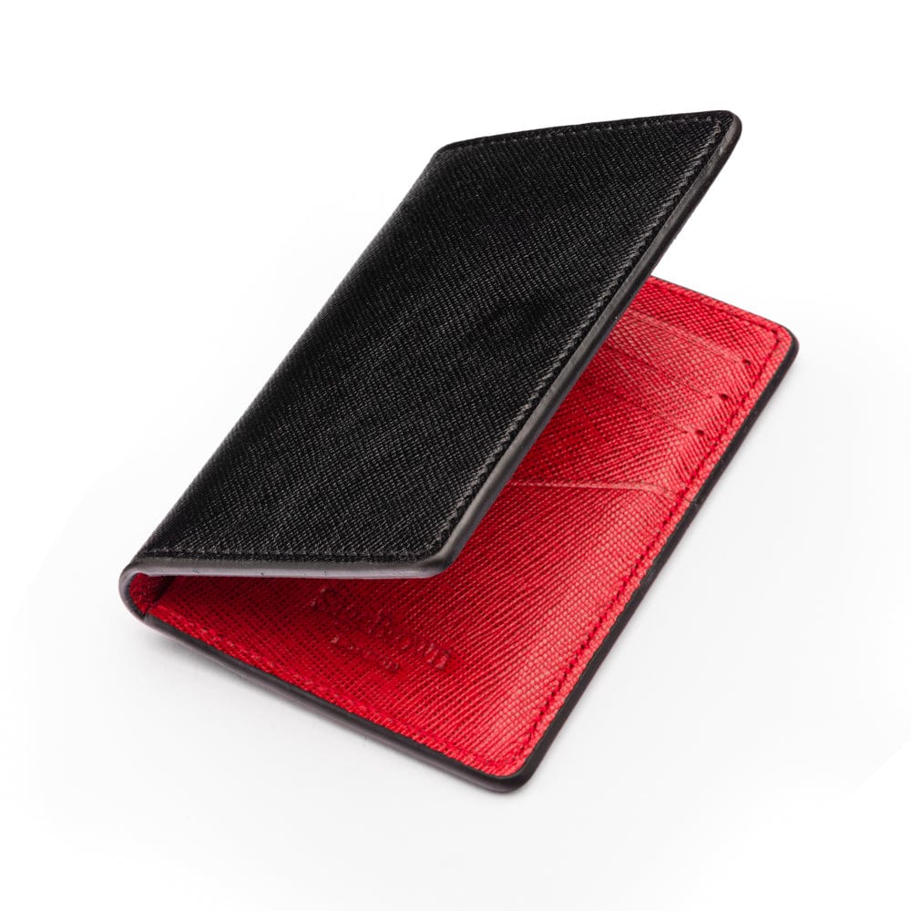 RFID bifold credit card holder, black with red saffiano, open view