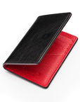 RFID bifold credit card holder, black with red saffiano, open view