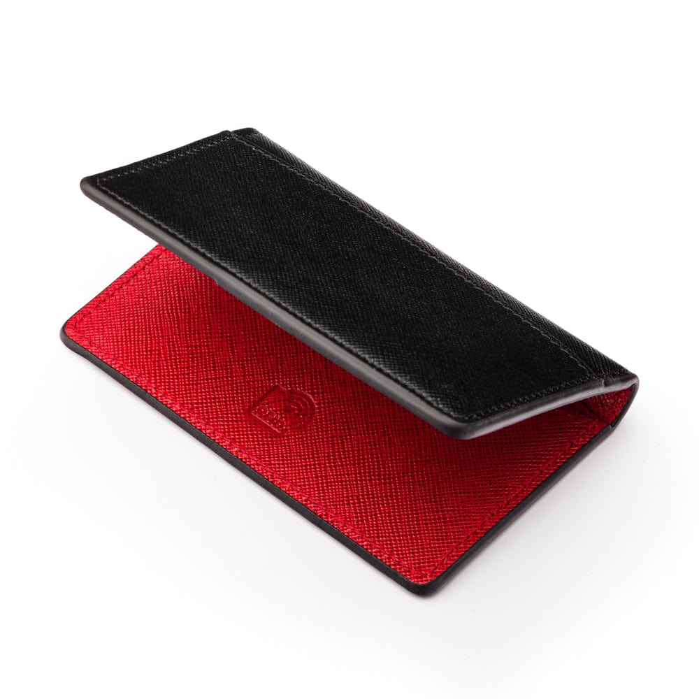 RFID bifold credit card holder, black with red saffiano, RFID view