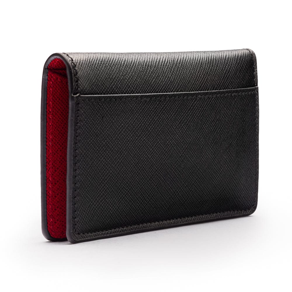 RFID bifold credit card holder, black with red saffiano, back view