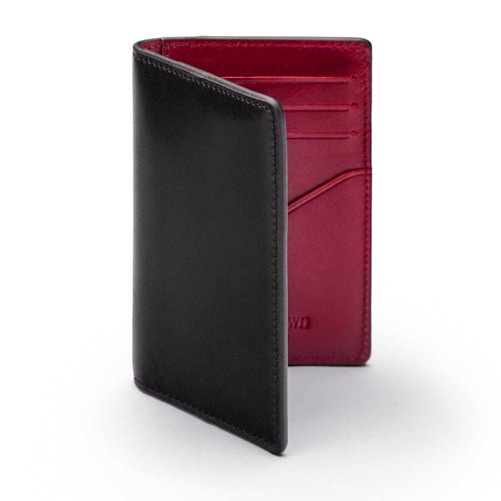 Leather card holder with RFID protection, black with red, front