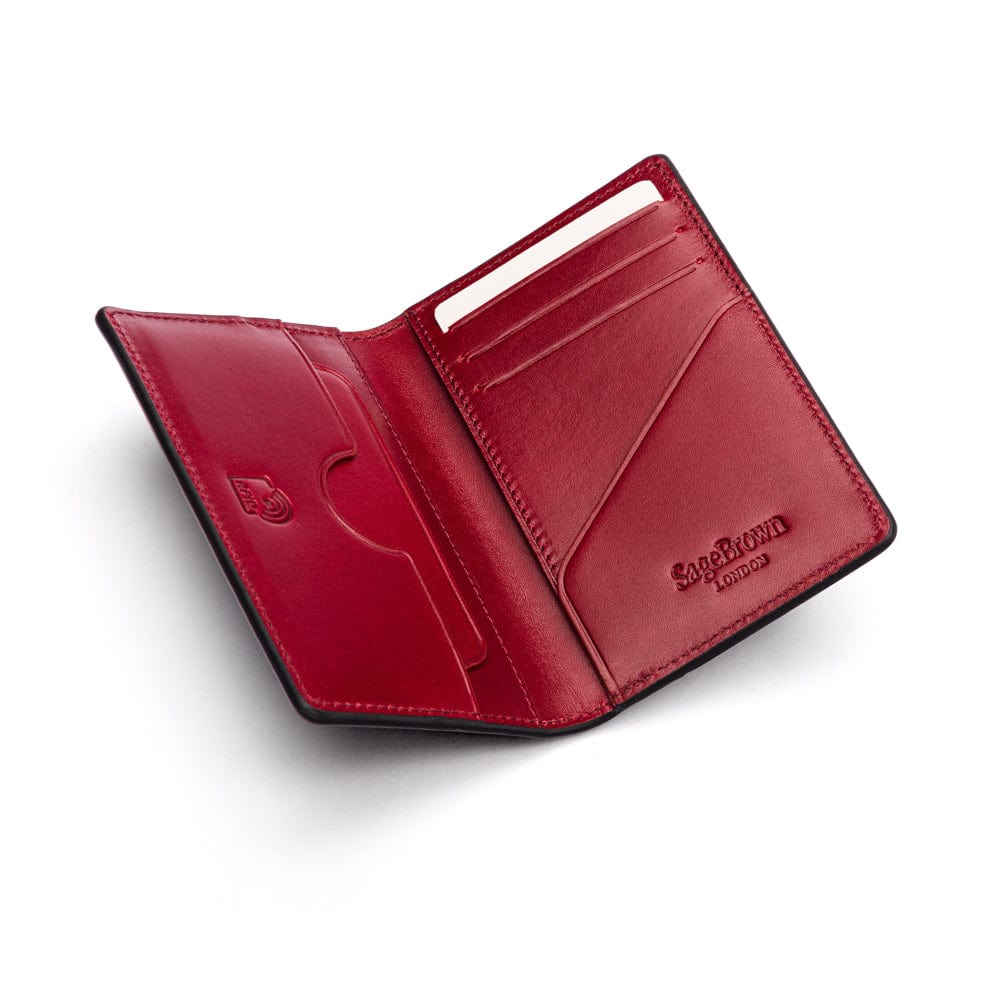 Leather card holder with RFID protection, black with red, interior