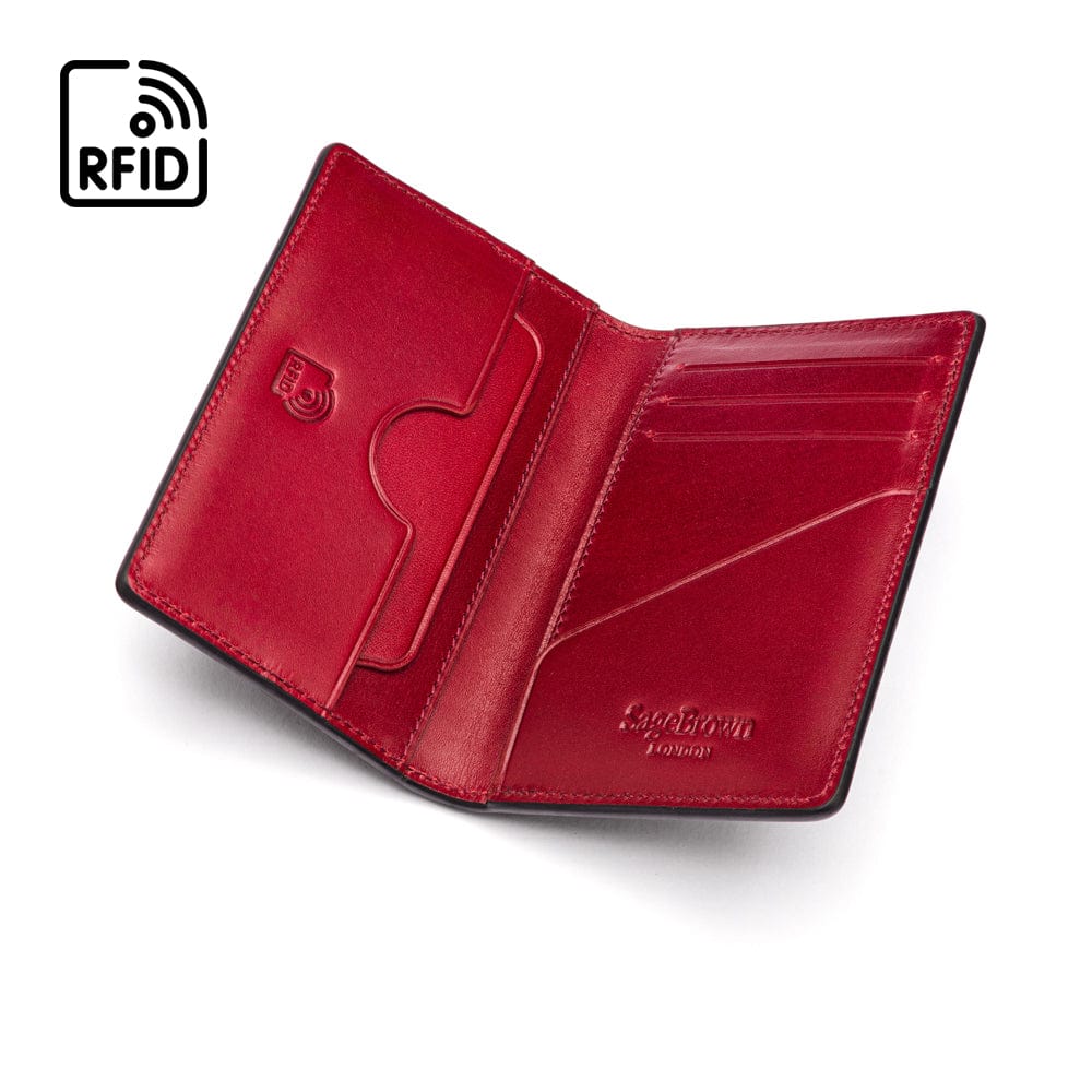 Leather card holder with RFID protection, black with red, inside
