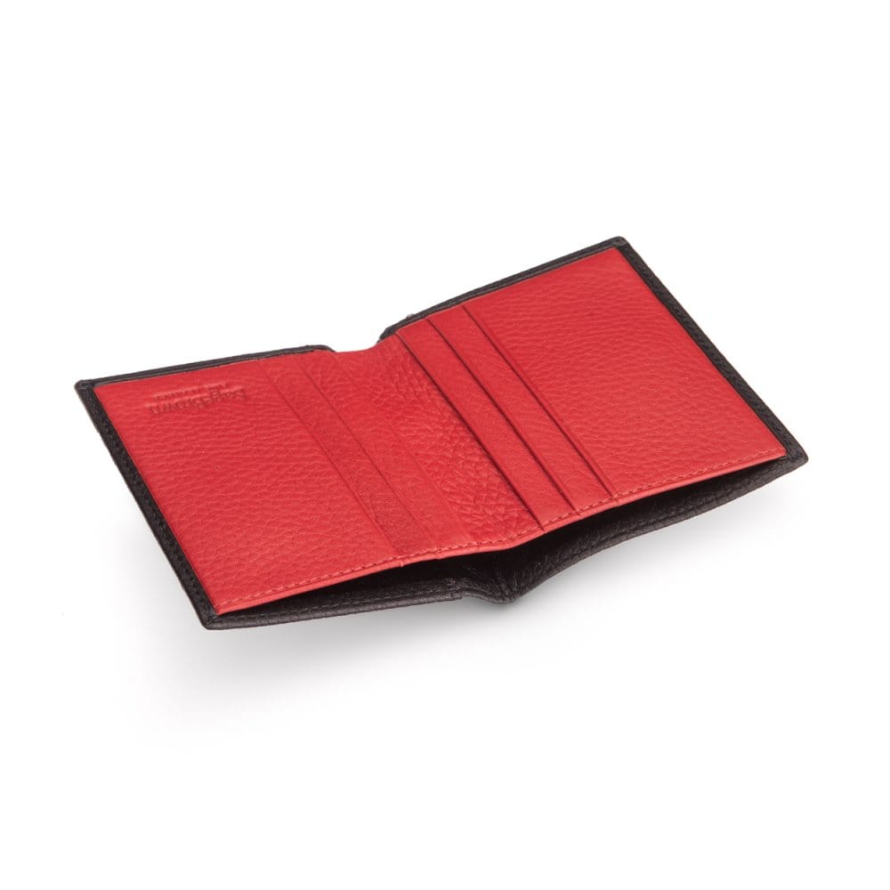 RFID leather wallet with 4 CC, black with red, inside