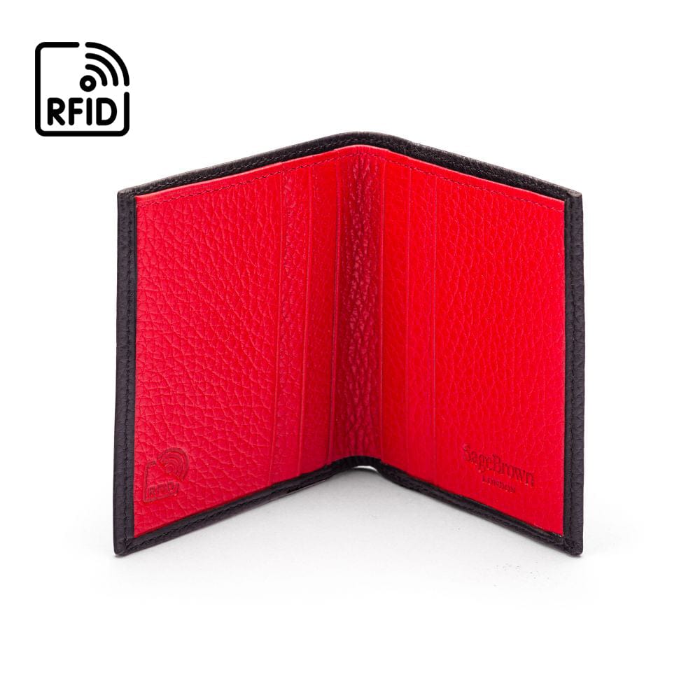 RFID leather wallet with 4 CC, black with red, open