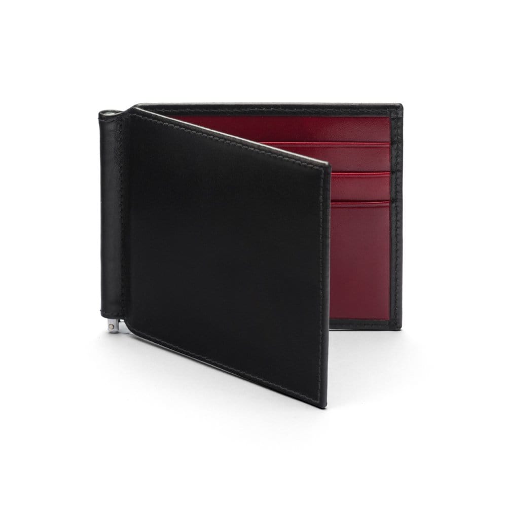 Black With Red Compact Leather Wallet With Money Clip