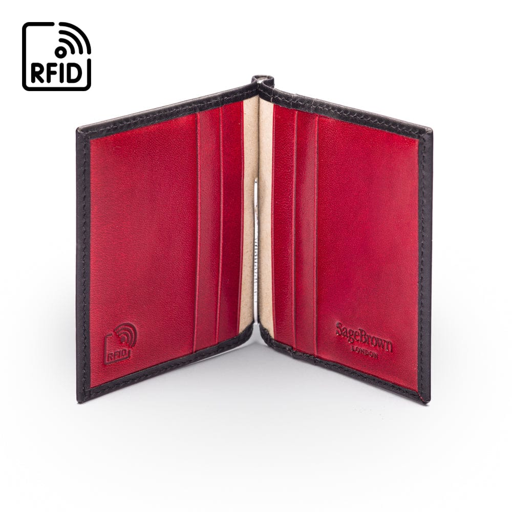 Clip wallet for men, black with red, inside view
