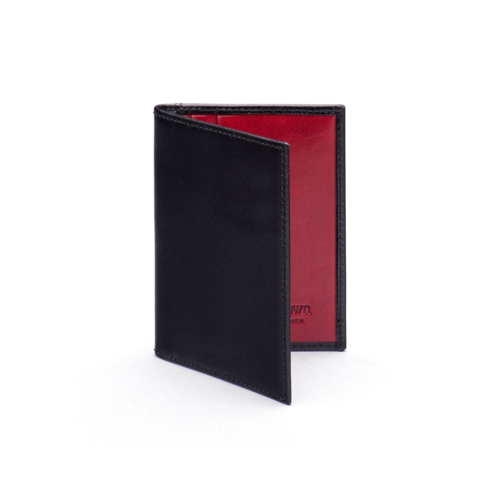 RFID leather credit card wallet, black with red, front