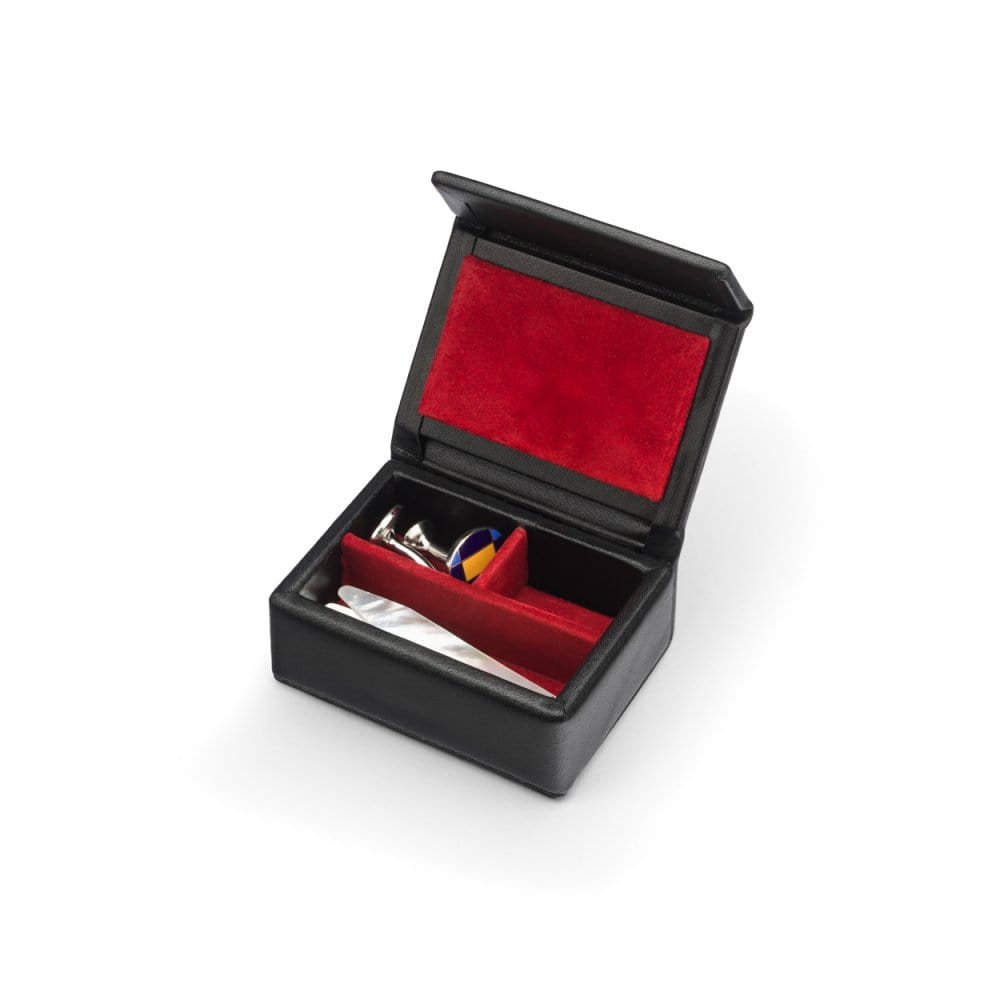 Small leather accessory box, black with red, open