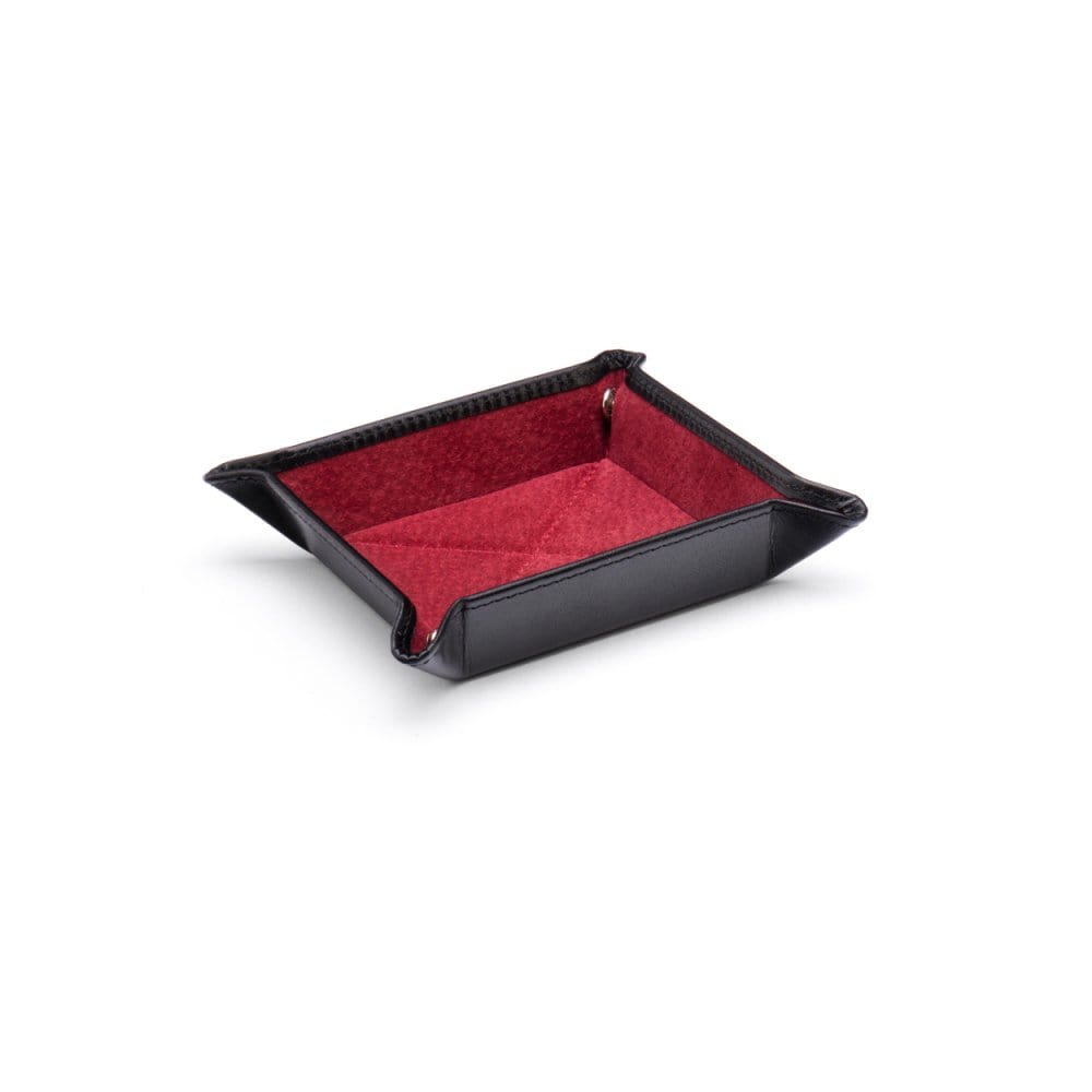 Small leather valet tray, black with red, front