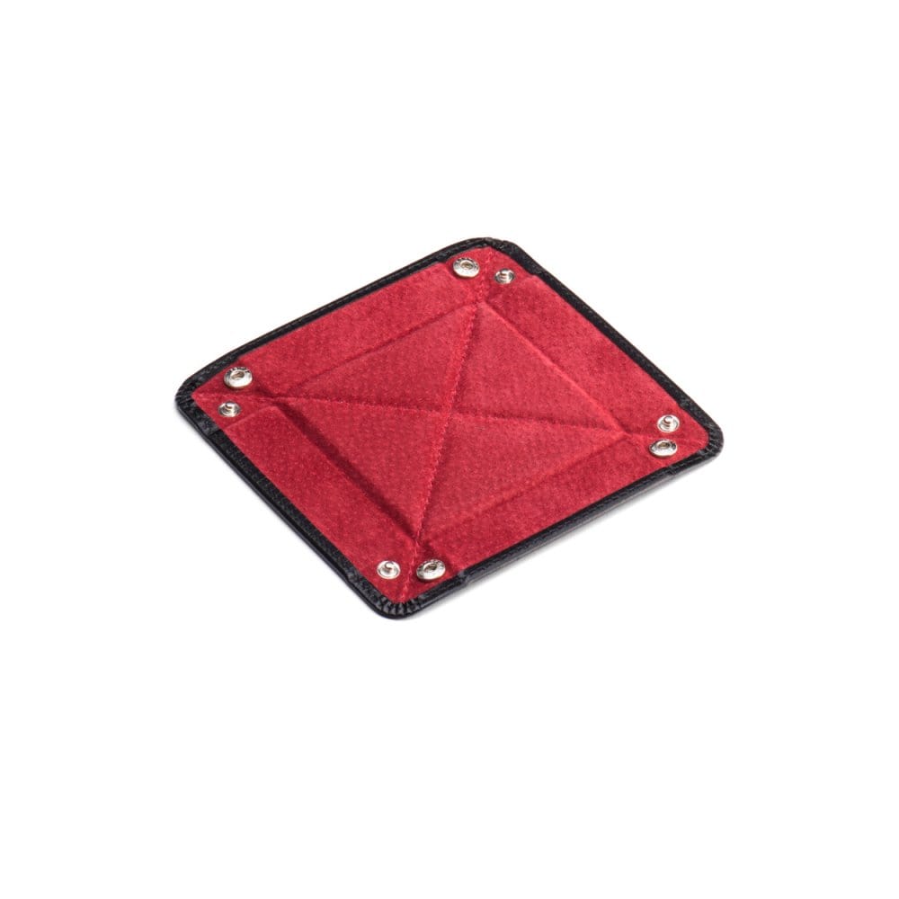 Small leather valet tray, black with red, open