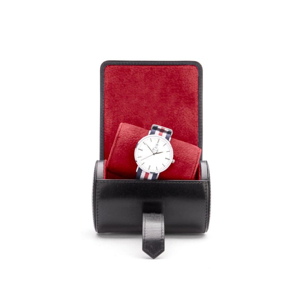 Small leather watch roll, black with red, inside