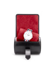 Small leather watch roll, black with red, inside