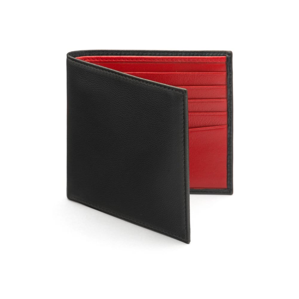 Soft leather wallet with RFID blocking, black with red, front