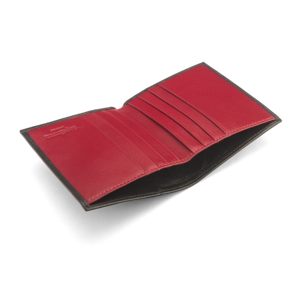 Leather compact billfold wallet 6CC, black with red, inside