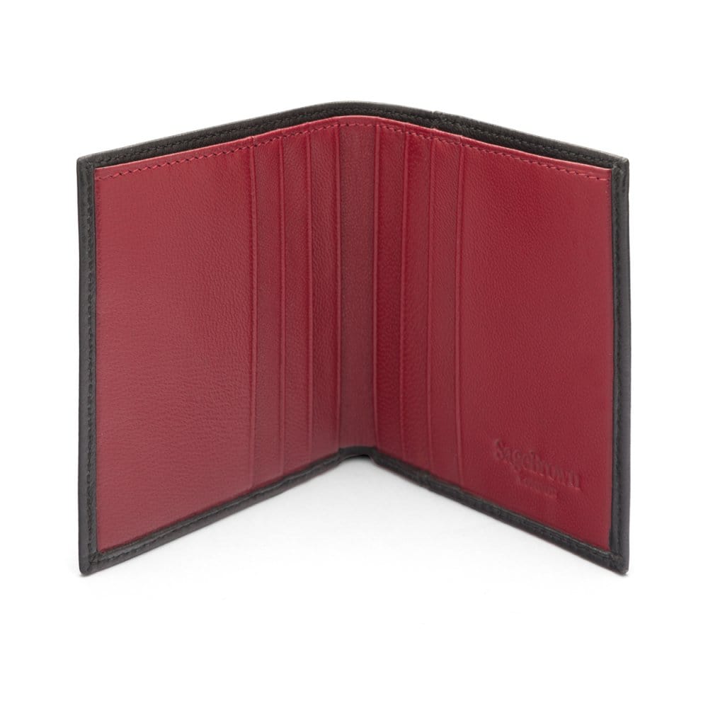 Leather compact billfold wallet 6CC, black with red, open