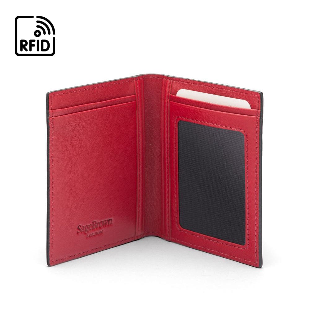 RFID Credit Card Wallet in black with red leather, inside view