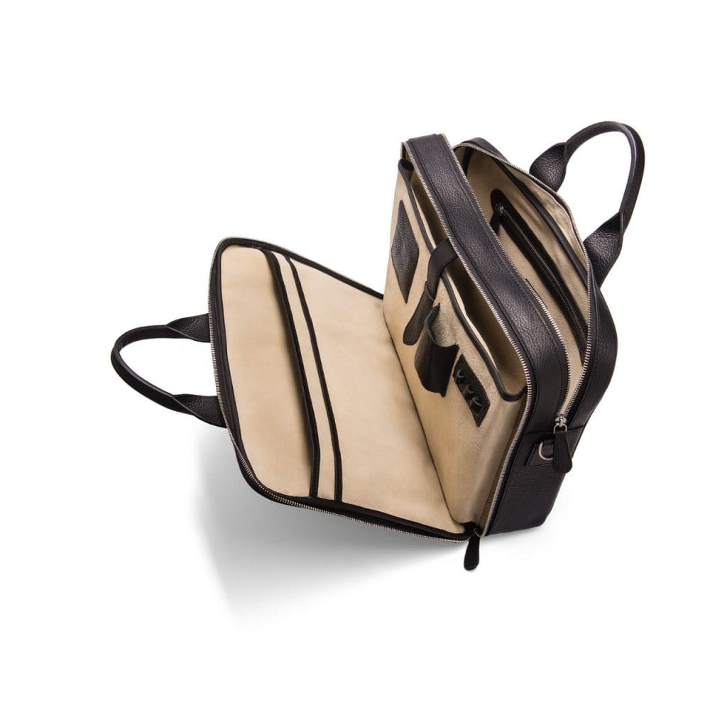 15" leather laptop briefcase, black, pebble grain, inside