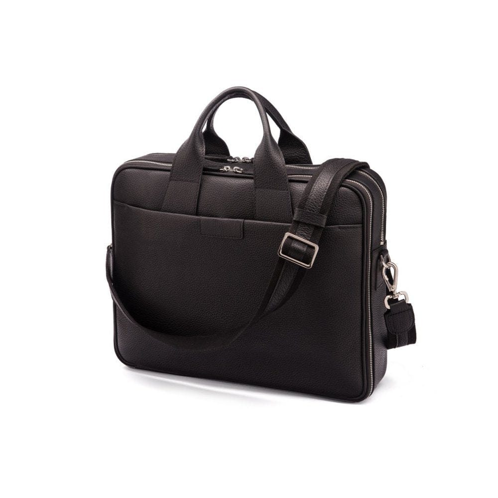 15" leather laptop briefcase, black, pebble grain, with shoulder strap