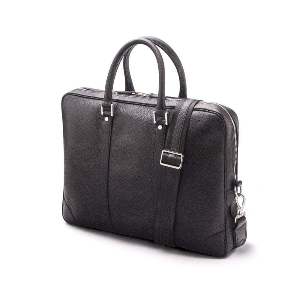 15" leather laptop bag, black pebble grain, side