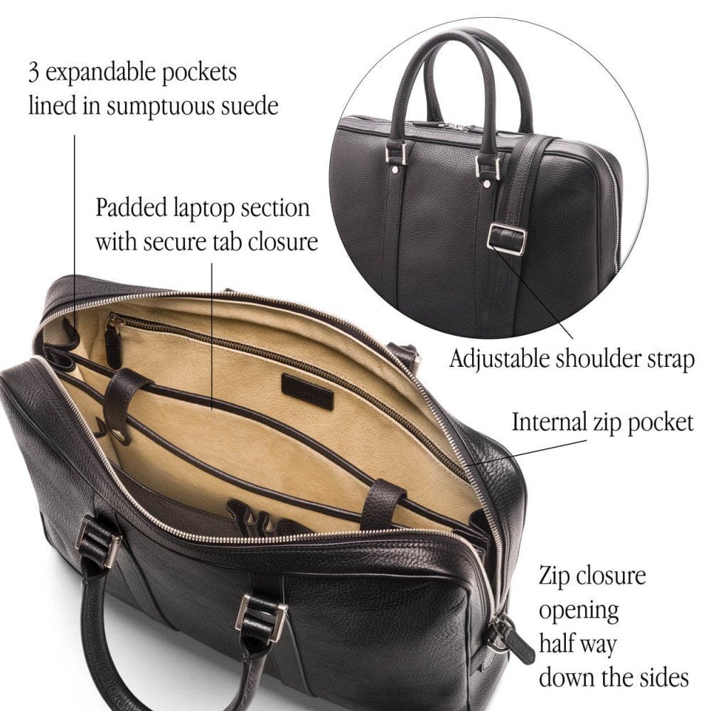 15" leather laptop bag, black pebble grain, features