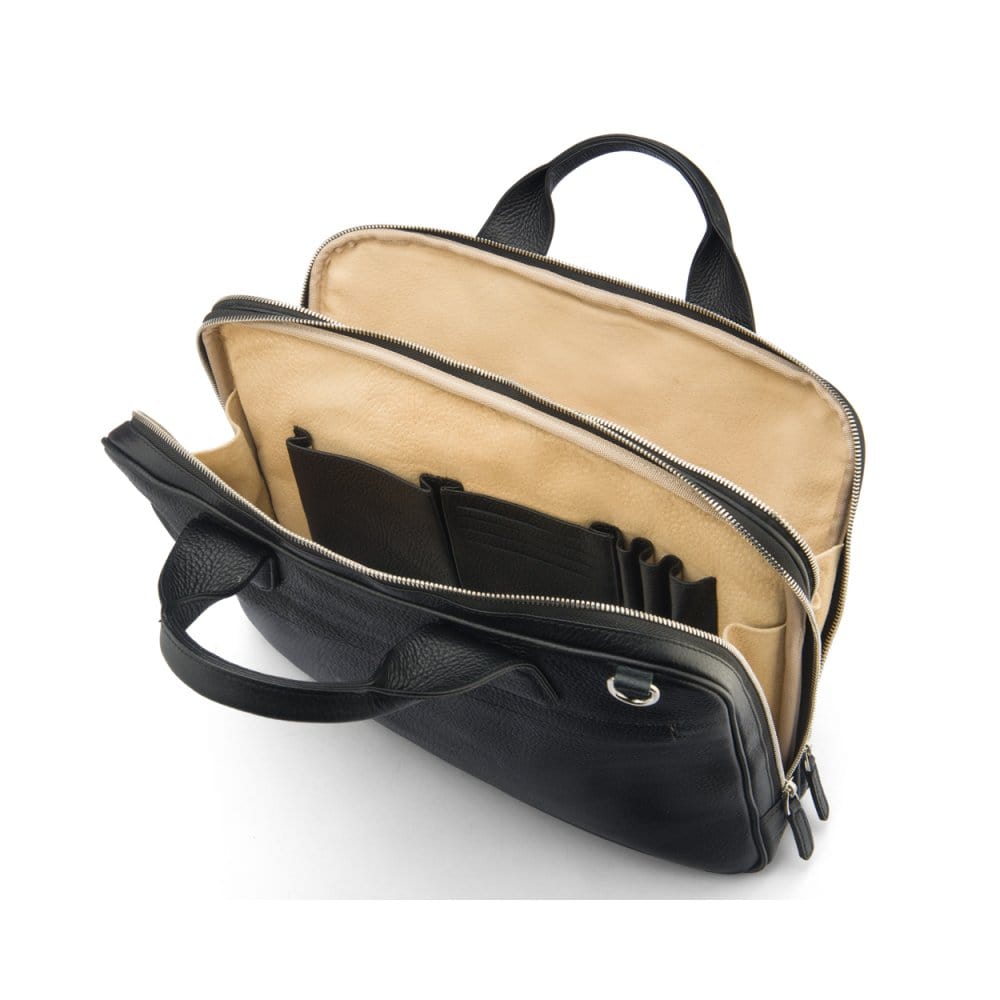 Leather 13" laptop briefcase, black pebble grain, inside