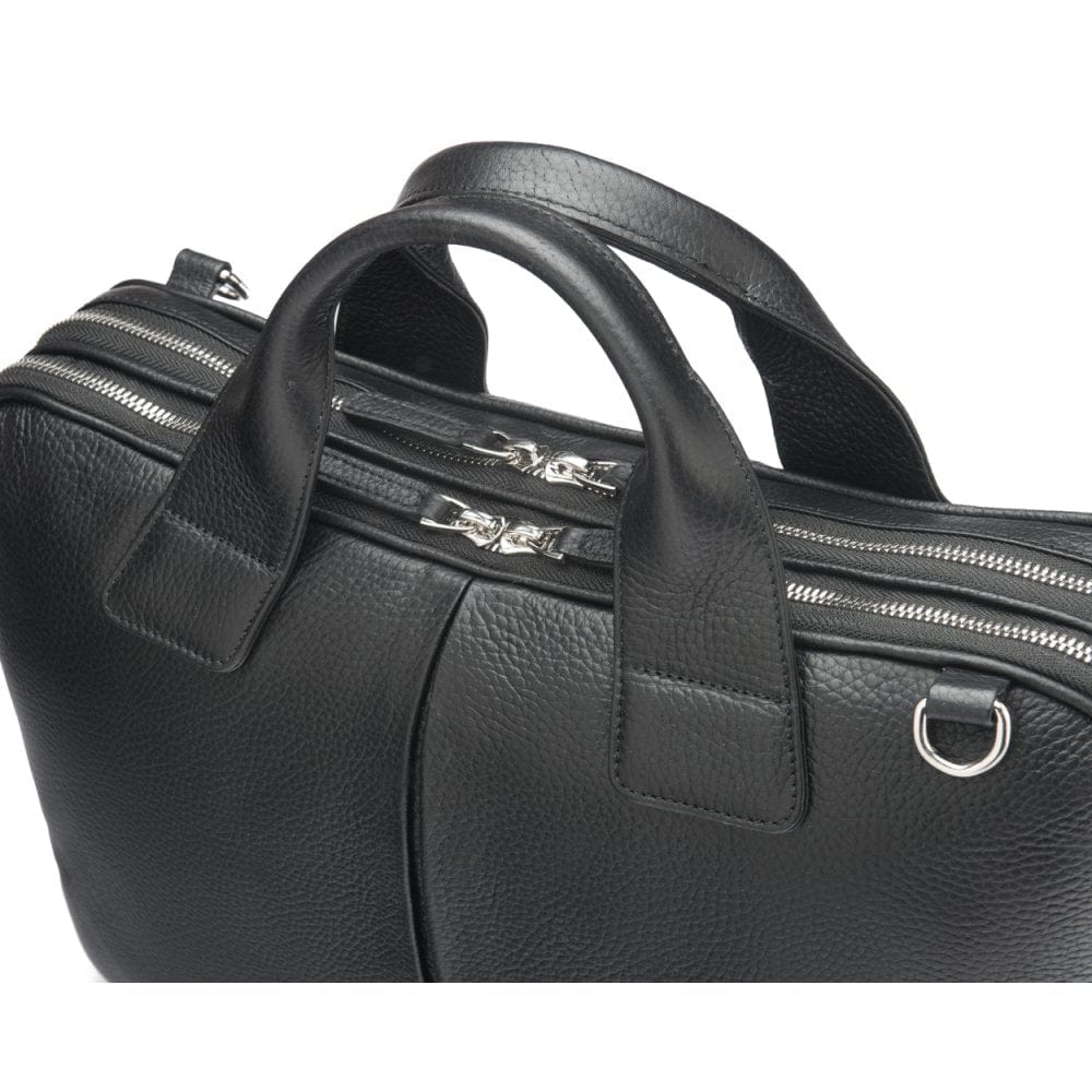 Leather 13" laptop briefcase, black pebble grain, silver zip closure