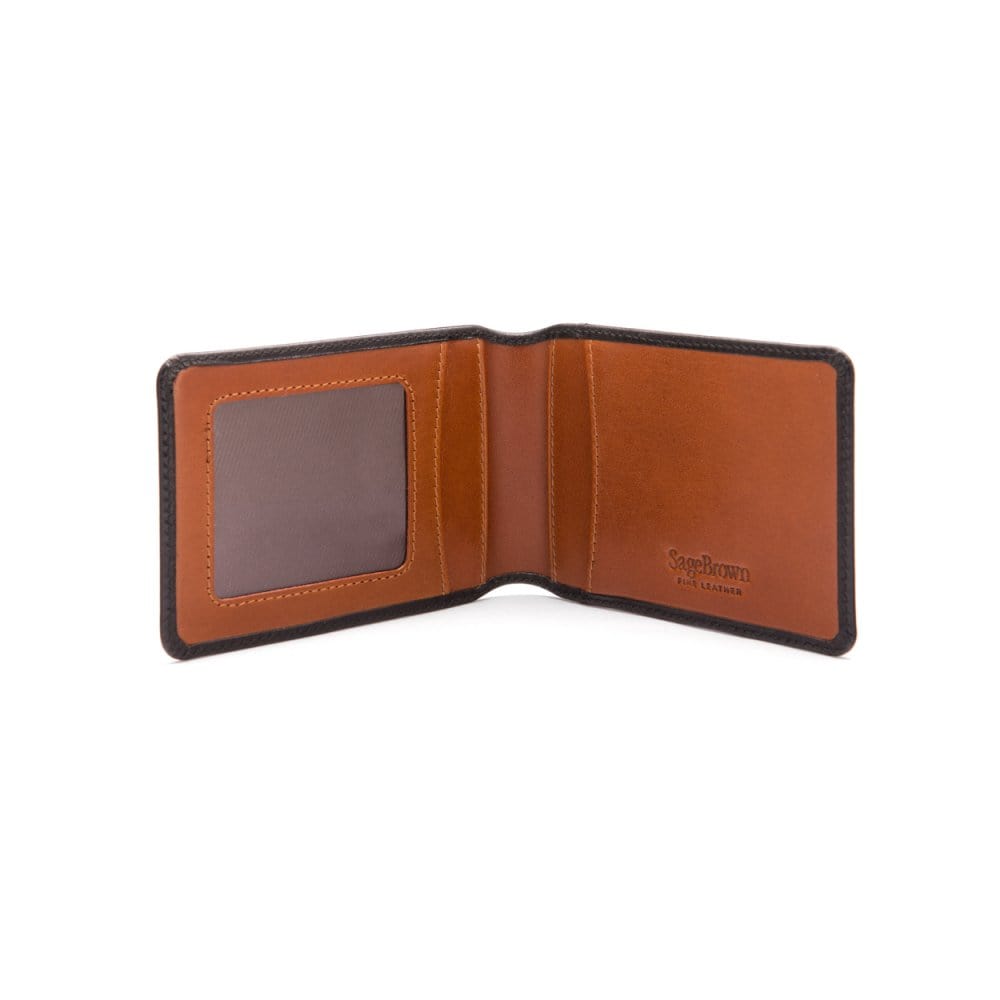 Leather travel card wallet, black with tan, open
