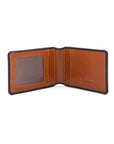 Leather travel card wallet, black with tan, open