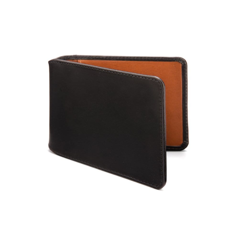 Leather travel card wallet, black with tan, front