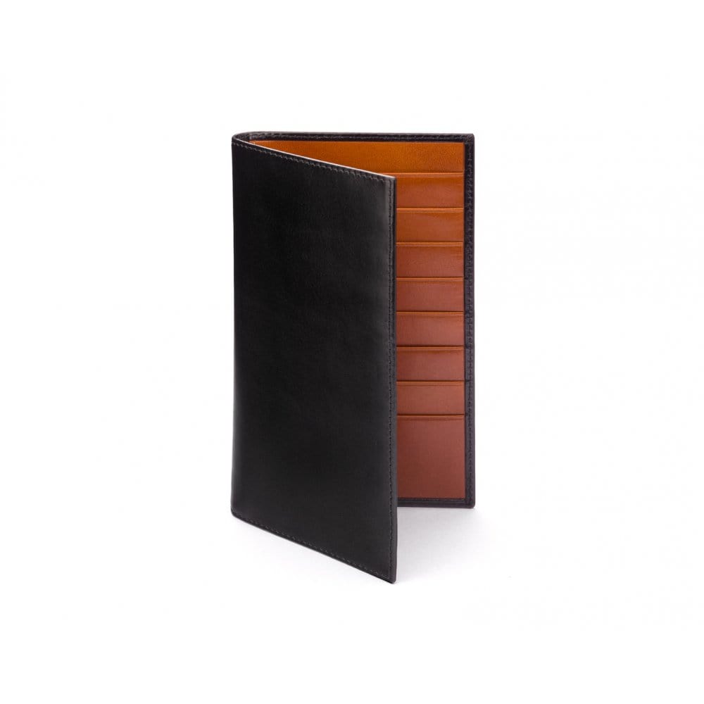 Tall leather suit wallet 16 CC, black with tan, front
