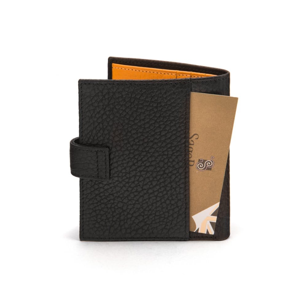 Compact leather billfold wallet with tab, black with yellow, back