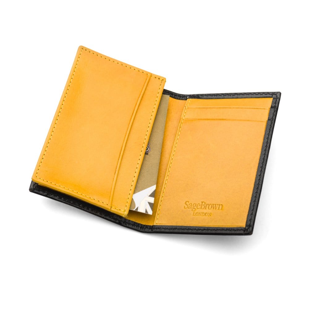 Expandable leather business card case, black with yellow, inside