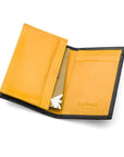 Expandable leather business card case, black with yellow, inside