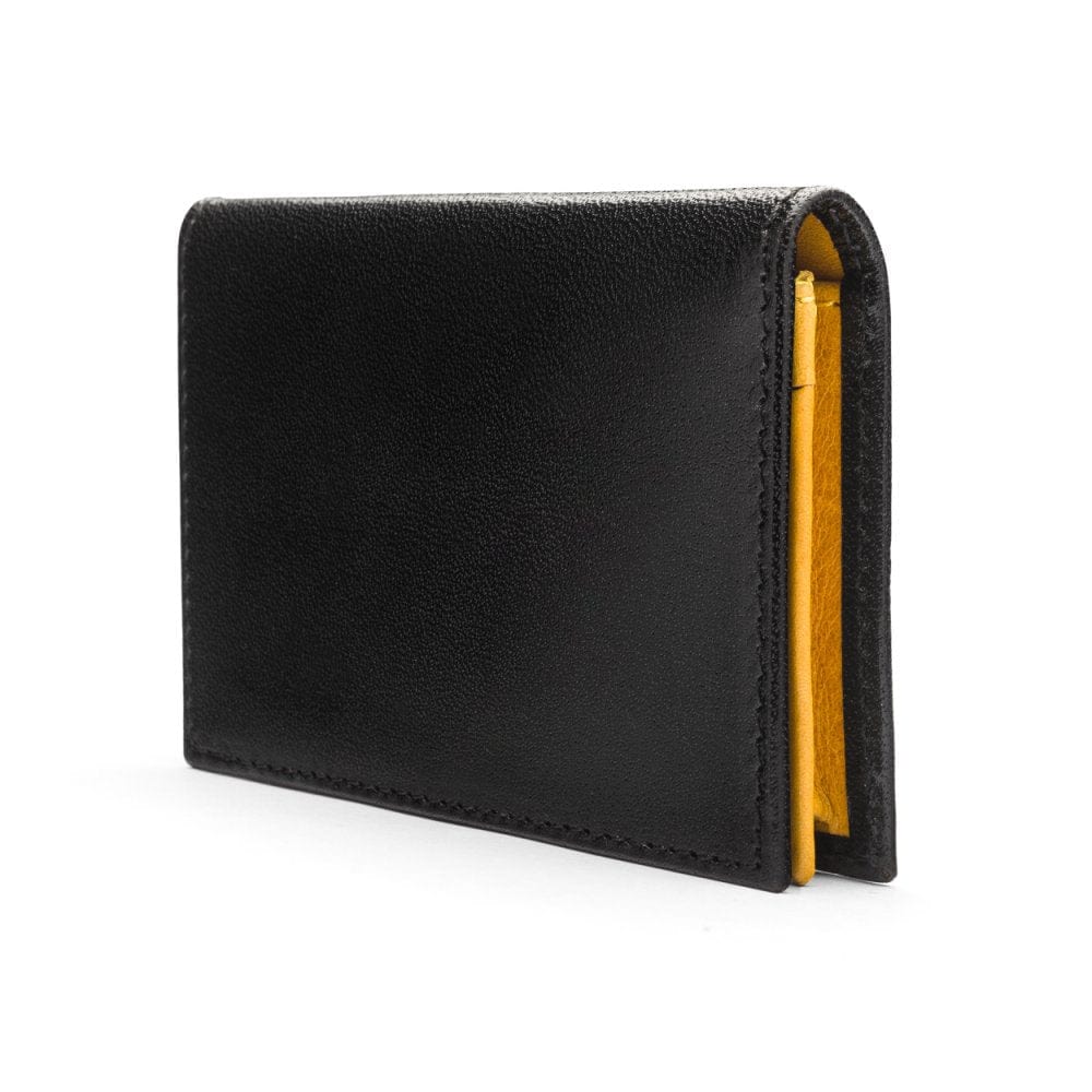 Expandable leather business card case, black with yellow, side