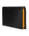 Expandable leather business card case, black with yellow, side