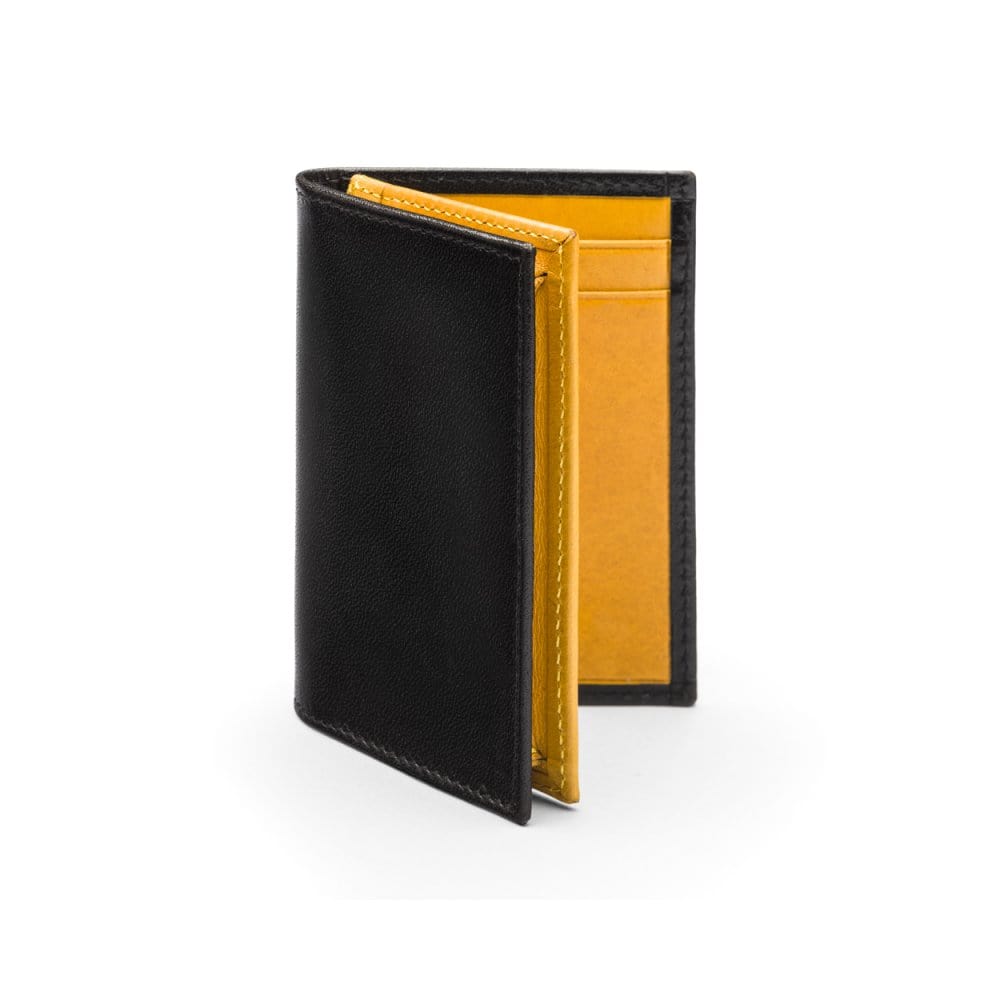 Expandable leather business card case, black with yellow, front