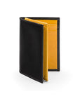 Expandable leather business card case, black with yellow, front