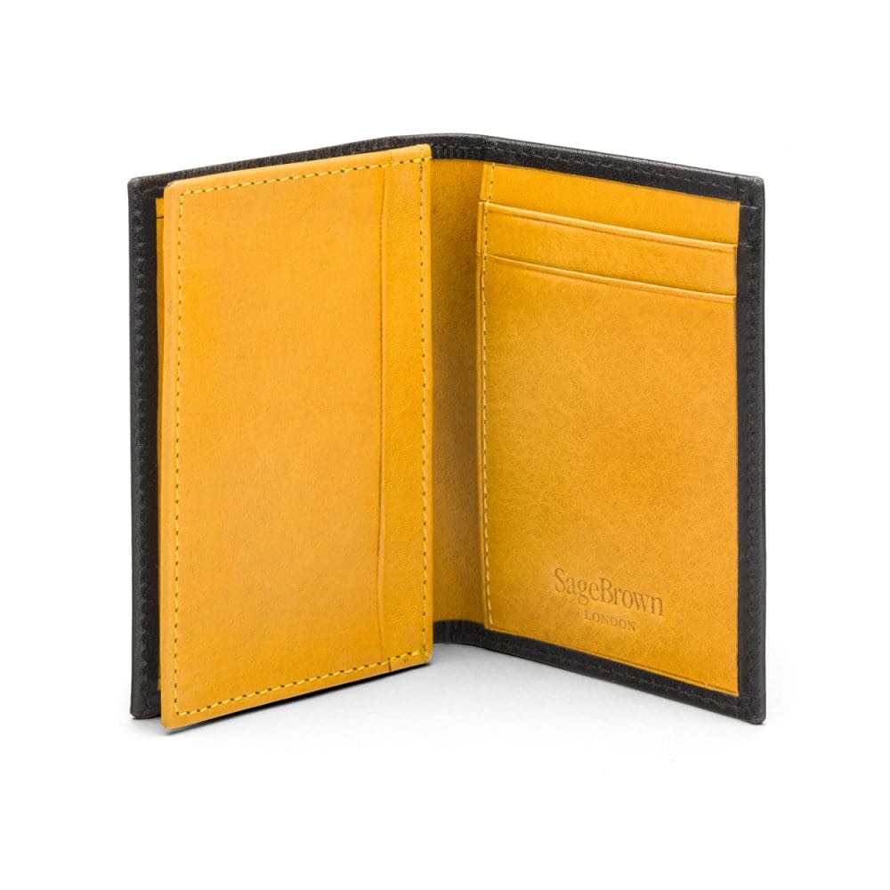 Expandable leather business card case, black with yellow, open